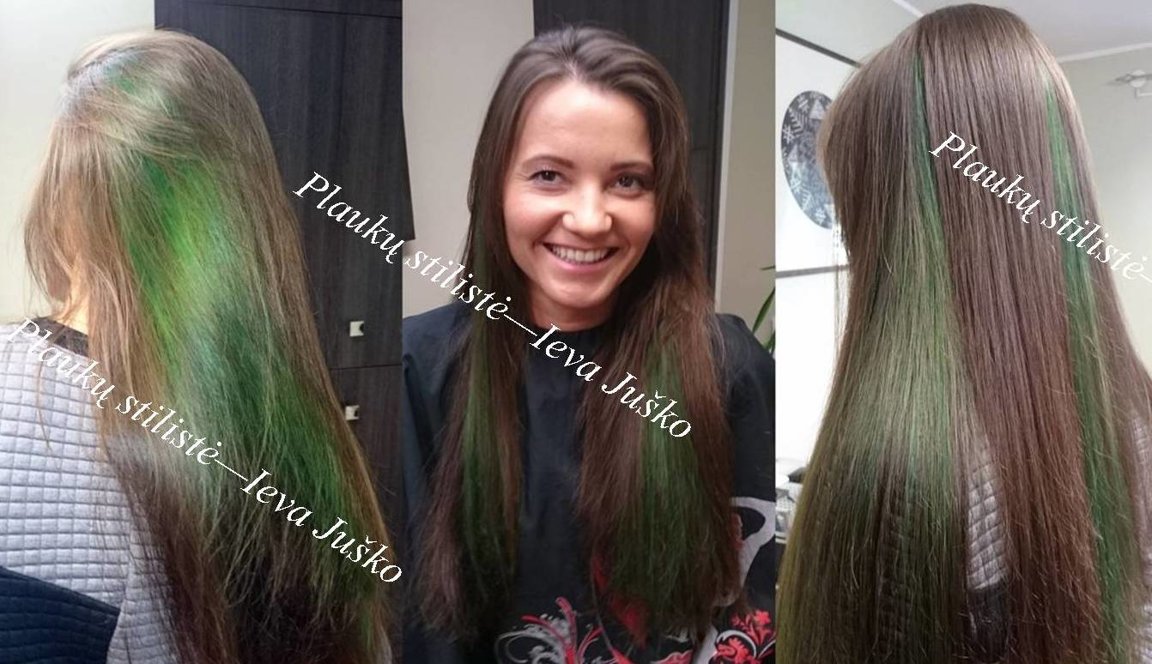 Plaukų dažymas žalia spalva pas plaukų stiliste Ieva Juško Kaune.